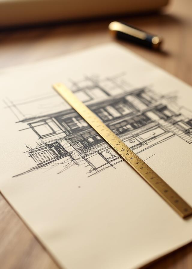 A close-up of a hand-drawn architectural sketch on high-quality paper next to a brass ruler.